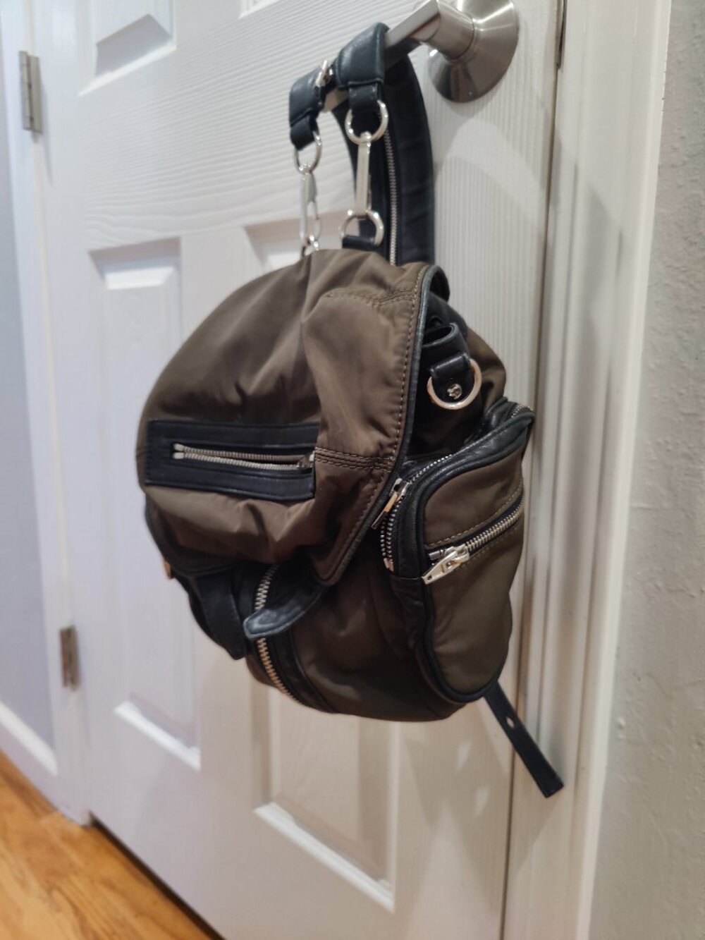 Alexander Wang Mini Marti Military Green Nylon Black Leather Backpack